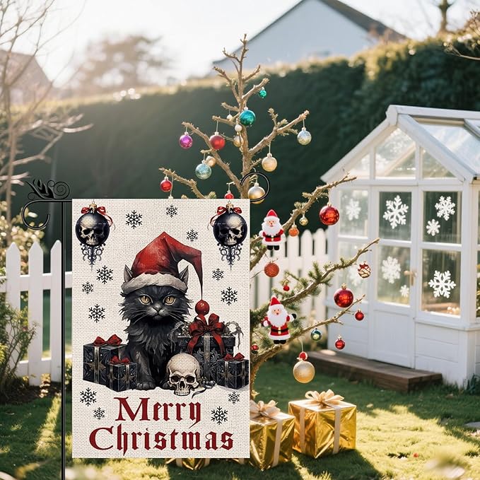 Gothic Christmas Garden Flag Black Cat Goth Halloween Christmas Decor Winter Vertical Burlap Double Sided Yard Welcome Flag Seasonal Xmas Decorations for Festival Holiday Winter Decorations Gifts 12.5*18 Inch
