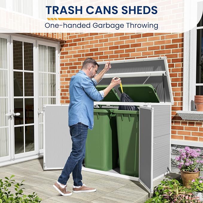 Amopatio 41 Cu Ft Horizontal Outdoor Storage Shed, Resin Trash Can Storage,Resin Shed for Garden Tools, Lawn Mowers, Garbage Cans, Patio Use, Grey