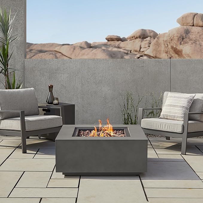 Real Flame Aegean 36”in Square Propane or Natural Gas Fire Pit Table, 50,000 BTU, Powder-Coated Steel, Push-Button Ignition, CSA Certified, Lava Rock, Storage Cover, Stainless Steel Burner with Lid