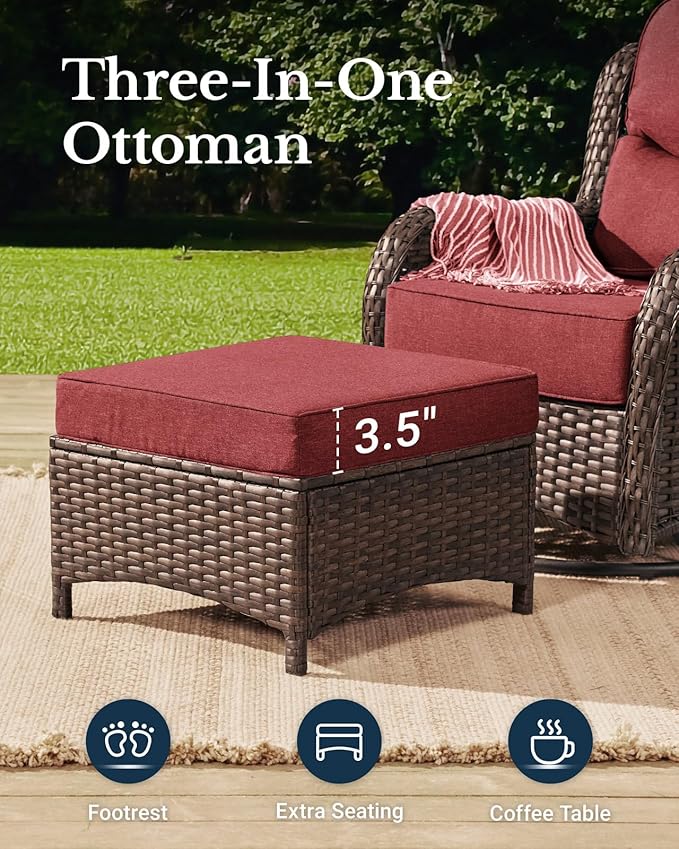 HILLGA Luxury Outdoor Swivel Rocker Patio Chairs of 2 with 6 Inch Thick Cushions and Side Table, Swivel Outdoor Chairs 5PCS High Back Wicker Patio Furniture Set for Porch, Balcony, Deck in Burgundy