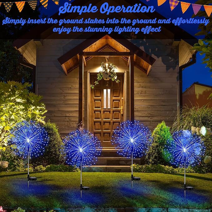 4 Pcs Halloween Solar Lights Outdoor Christmas Firework Light 180 LEDs 8 Modes Waterproof Sparkler Yard Decoration Stake Landscape Decorative for Garden Driveway Walkway Pathway Lawn (Blue)