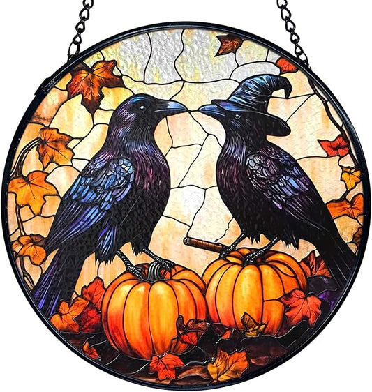 TNUW Halloween Fall Black Raven Stained Glass Window Hanging, Gothic Witchy Crow Pumpkin Sun Catchers Indoor Window Glass Round Wall Art Decor, Halloween Fall Wall Hanging Decorations, 7.9＂x7.9＂