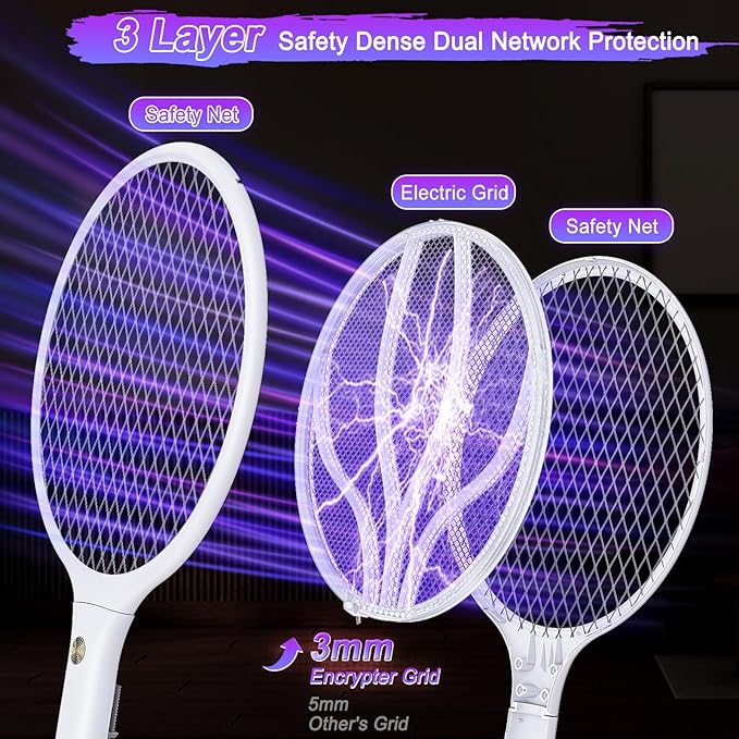 Electric Fly Swatter Racket 3000V Bug Zappers 2 in 1 Mosquito Zappers USB Rechargeable, 1200mAh Mosquitoes Killer Lamp & Fly Zappers with 3 Layer Safety Mesh for Home, Bedroom, Kitchen, Patio (2 Pack)