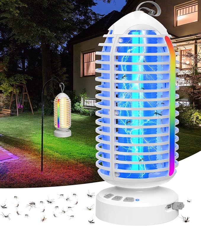 Bug Zapper Outdoor with Colorful Lighting and Auto-Sensing, 3 in 1 Cordless 4000mAh Battery Electric Fly Trap, Rechargeable Mosquito Zapper for Camping, Patios, Garden, Kitchen (1Pack-White)