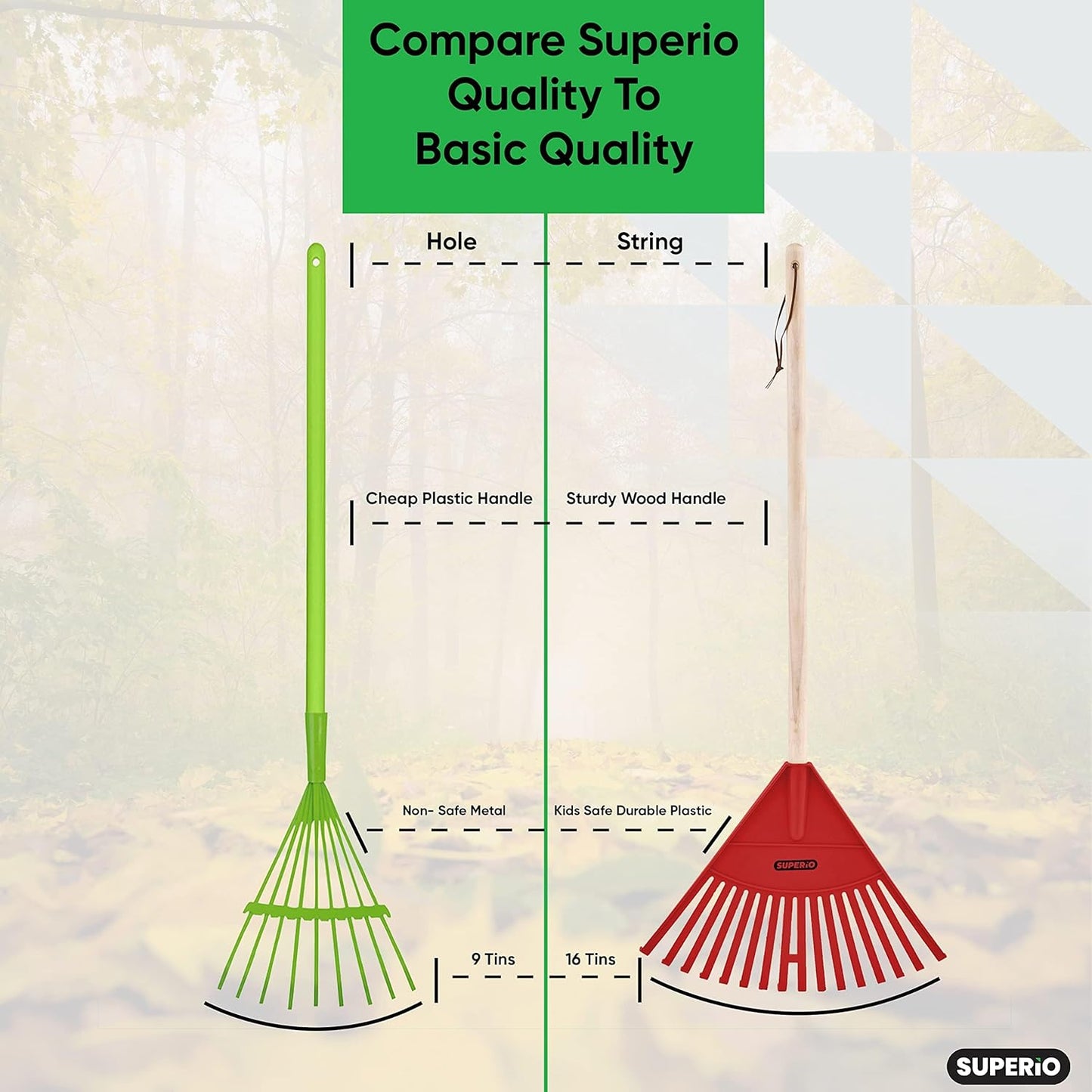Superio Kids Rake with Hardwood Handle, Durable Plastic Head to Sweep Leaves in Lawn and Tidying Up The Garden, 34"