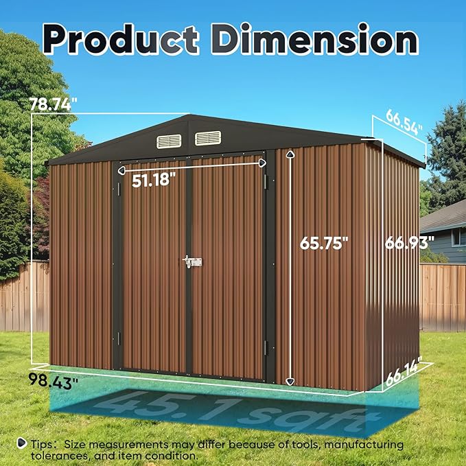 Quictent Heavy Duty 8X6 FT Outdoor Metal Storage Shed, Lockable Tool Shelter Waterproof Shed for Garden, Backyard, Lawn and Patio Scene with Combination Lock, Brown(8.2X5.8 FT Base, No Floor)