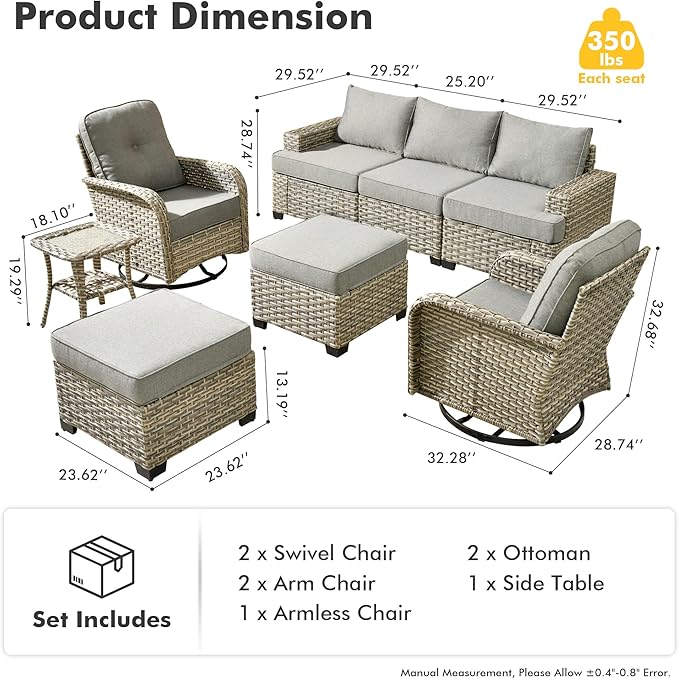 HOOOWOOO Outdoor Sectional Patio Furniture Set,8 Pieces Wicker Conversation Sets,Extra Deep Out Door Sofa Outside Furniture Couch with Swivel Chairs Ottoman,Charcoal Gray