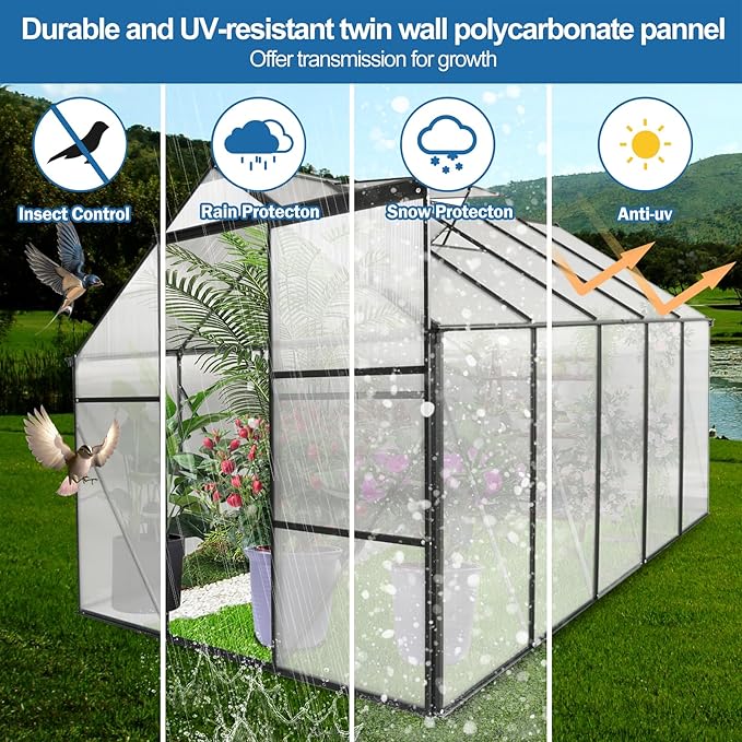 6x10 FT Polycarbonate Greenhouse,Heavy Duty Walk-in Garden Plants Green House,Adjustable Roof,Raised Base and Sliding Door for Outdoor Backyard,Easy to Install,Black