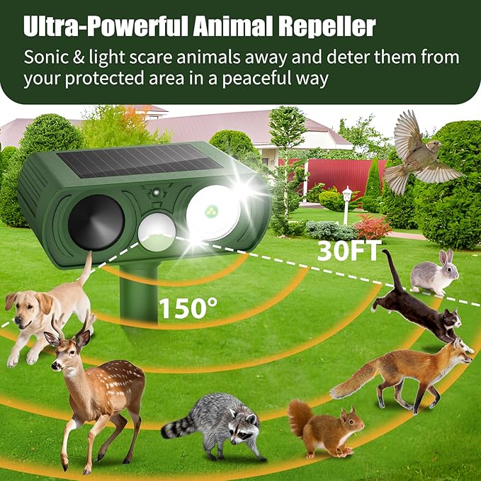 Solar Ultrasonic Animal Repellent, Deer Repellent Devices Waterproof with Motion Detection, Cat Repeller Outdoor Squirrel Skunk Rabbit Raccoon Dog Mouse Deterrents Animal Repeller for Yard, 1 Pack