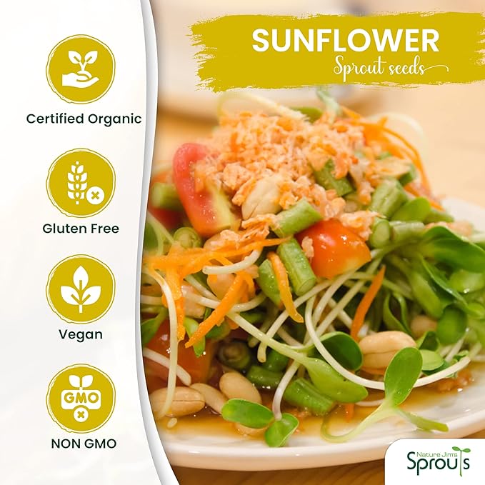 Nature Jims Sprouts Sunflower Seed - Certified Organic Black Oil Sunflower Sprouts for Soups - Raw Bird Food Seeds - Non-GMO, Chemicals-Free - Easy to Plant, Fast Sprouting Sunflower Seeds - 8 Oz