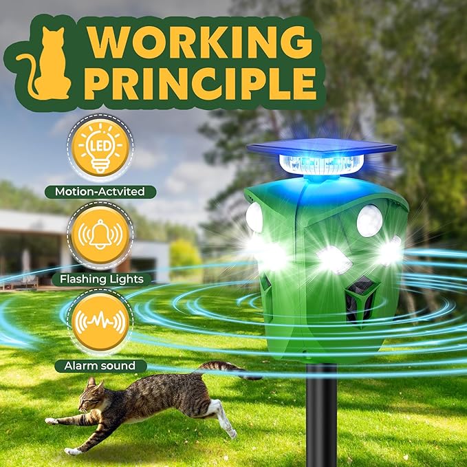 Ultrasonic Solar Powered Deer Repellent Device with PIR Motion Sensor 360° Animal Repellent Equipped with Dual Charging Methods Outdoor Protection for Gardens, Yards, and Farms