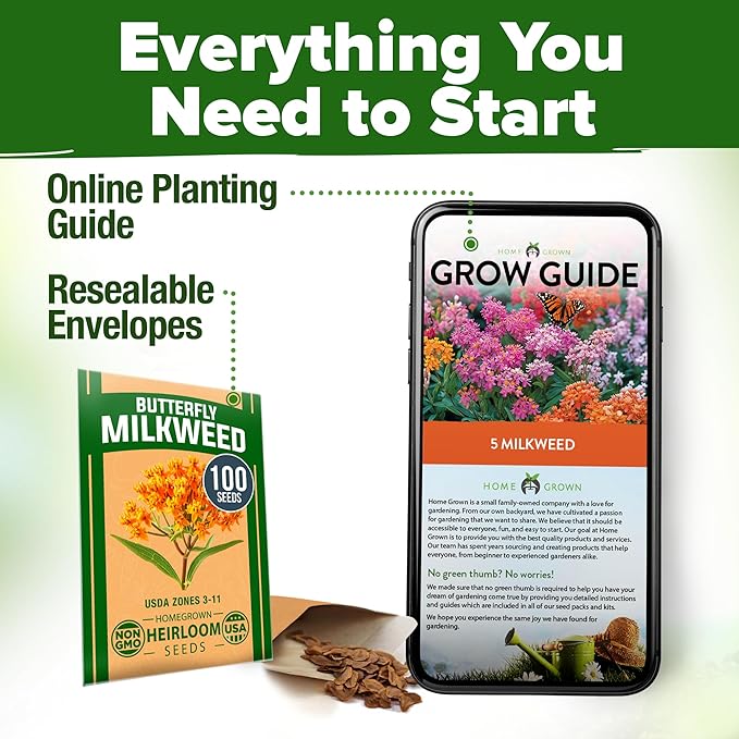 HOME GROWN Milkweed Flower Seeds - 500+ Heirloom Perennial Wildflower Seeds (5 Individual Varieties) Supports Monarch Habitat, Grows in Zones 3–10 (Asclepias syriaca)