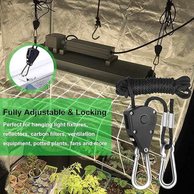 Rope Clip Hanger, 8 Packs 1/8 in Reinforced Adjustable Height Anti-Loose Design Metal Gears Clip for Growing Light Fixtures, Hanging Plants, 8 FT Length 150lbs Weight Capacity