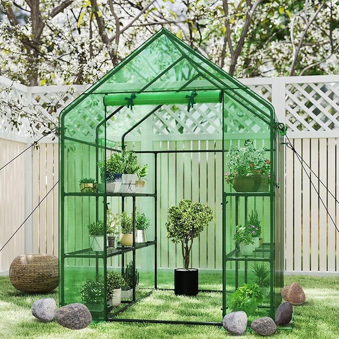 Happygrill Walk-in Greenhouse, Portable Greenhouses for Outdoors w/8 Shelves, Roll-Up Zippered Door, 2 Observation Windows & 2 Tiers, Weather-Proof PE Cover, Wind Rope Included, 57”L x 57”W x 77”H