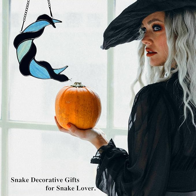 Stained Glass Black Snake on Moon Decor Window Hangings Ornament, Gothic Snake Suncatcher Halloween Decorations, Handmade Stained Glass Gifts Sun Catchers Indoor Window Home Decor.