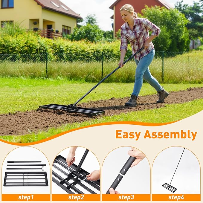 30" Heavy Duty Lawn Leveling Rake, 6.5FT Soil Leveler Tool, with 4 Spiked Wheels & Smooth Roller, Landscaping and Restoration Soil Sand Dirt Surfaces, for Garden Yard Farm Golf Course