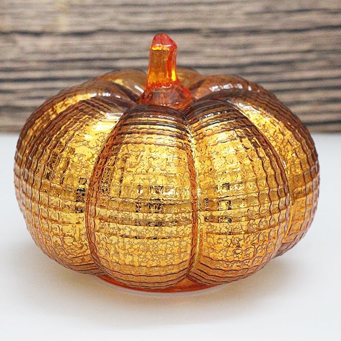 Mercury Glass Pumpkin Lights with Timer, Battery Operated Led Pumpkin Lights for Halloween Fall,Thanksgiving Rustic Decor (Gold Grid-Patterned, 5.5")