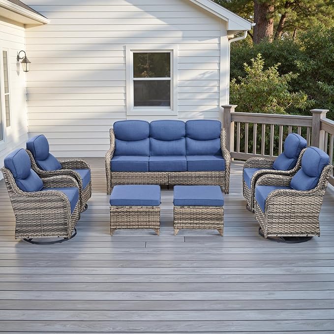 Wicker Outdoor Patio Furniture Set - 7 Piece Patio Conversation Sets with Swivel Rocker Chairs, Ottomans and Sofa, 6 inch Cushions, Waterproof Wicker, for Porch Deck Mixed Grey/Blue