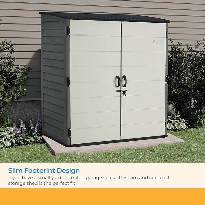 Suncast Extra-Large Vertical Storage Shed for Yard Storage, All-Weather Outdoor Storage Shed with 2 Lockable Doors, 70.5" W x 44.25" D x 77.5" H, Peppercorn, Made in The USA