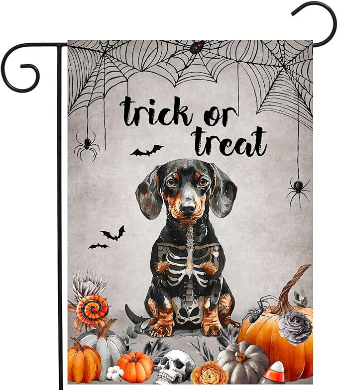 Halloween Dachshund Garden Flag Trick or Treat Yard Sign Ghost Wiener Dog Skeleton Banner for Outside 12x18 Double Sided Outdoor Lawn Decor Small