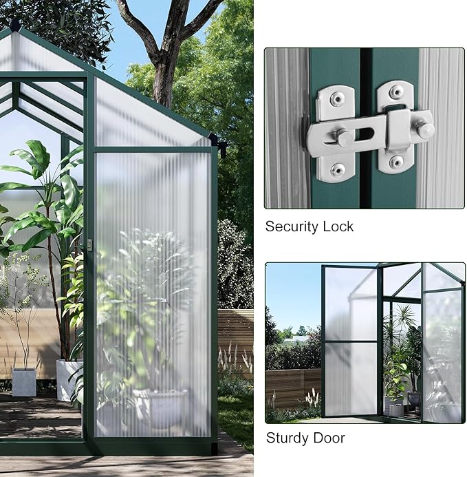 Garvee 6x8 FT Greenhouse for Outdoors, Polycarbonate Greenhouse with Quick Setup Structure and Roof Vent, Aluminum Large Walk-in, for Outside Garden Backyard, Green
