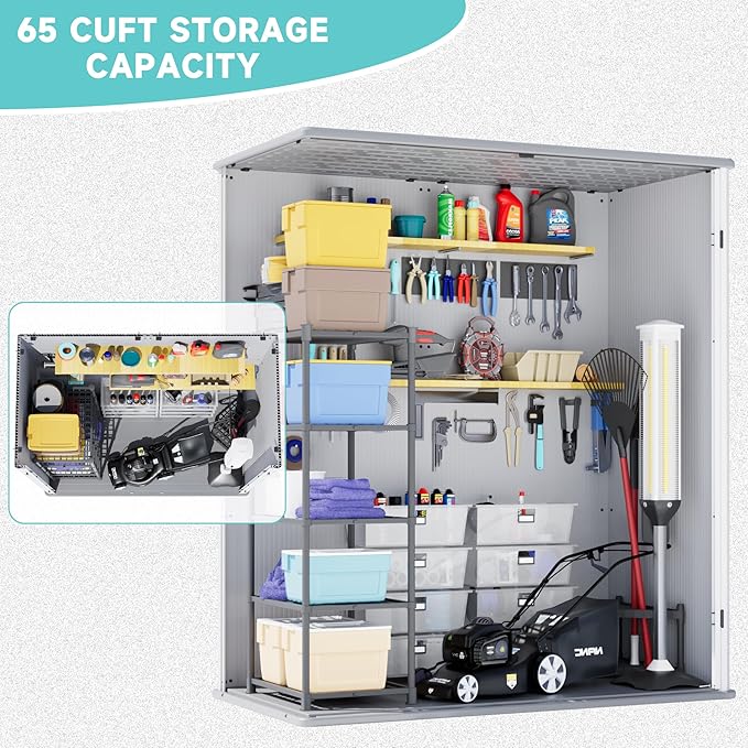 Greesum 5x3FT Plastic Outdoor Storage Shed with Floor, Resin Storaged Sheds with Lockable Door, Window & Vent, All-Weather Tool Sheds for Garden, Backyard, Pool Supplies, Light Gray (4.7×2.5FT)