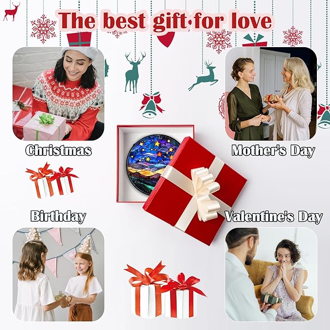 Stained Glass Window Hanging, Blue Sky Gold Stars Abstract Landscape Suncatcher for Doors Window Home Sun Catchers Decor Mother's Day Birthday Gifts for Women, Men Mom 15 in