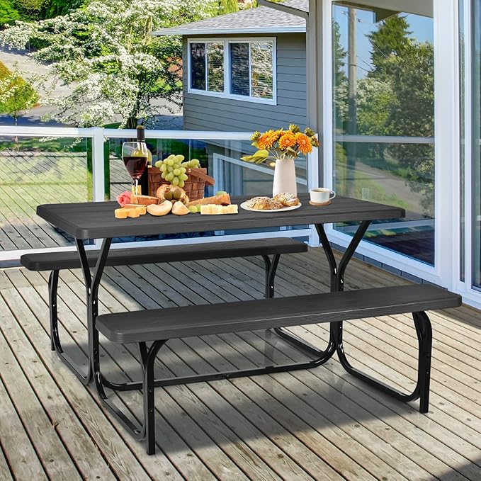 Moccha Picnic Table Bench Set - Portable Plastic Picnic Table w/Steel Frame & Wood-Like Texture, All Weather Heavy Duty Picnic Table Kit, Picnic Tables for Outdoors Garden Patio Party Dining (Black)
