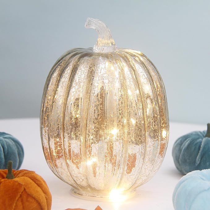 Mercury Glass Pumpkin Lights with Timer, Battery Operated Led Pumpkin Lights for Halloween Fall,Thanksgiving Rustic Decor (Silver Common, 8")