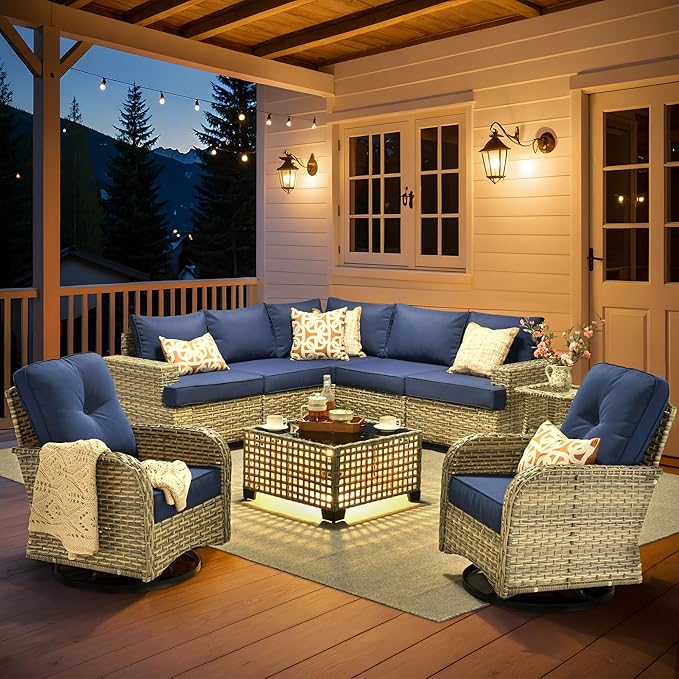 HOOOWOOO Outdoor Sectional Patio Furniture Set,9 Pieces Wicker Conversation Sets L Shaped Couch,Extra Deep Out Door Sofa Outside Furniture with Rocking Chairs,Navy Blue