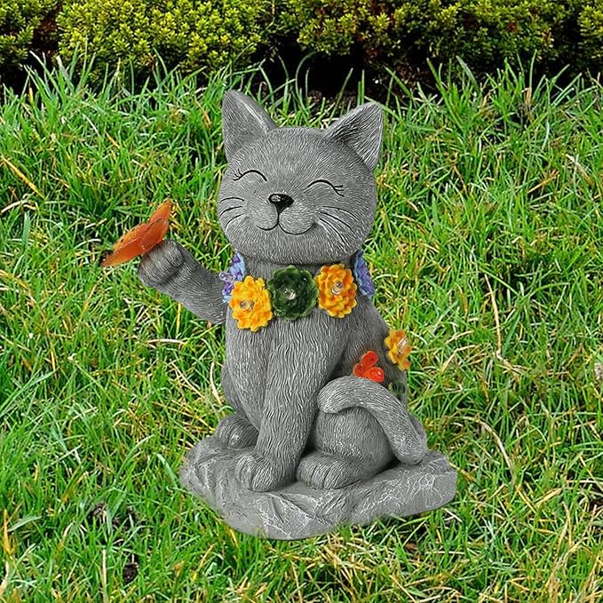 Solar Cat Garden Outdoor Statue - Yard Art with Succulents, 6 LED Lights and 1 Solar Butterfly Decorative Light, Ideal for Gardening Enthusiasts and Cat Lovers, Birthday Gift for Women