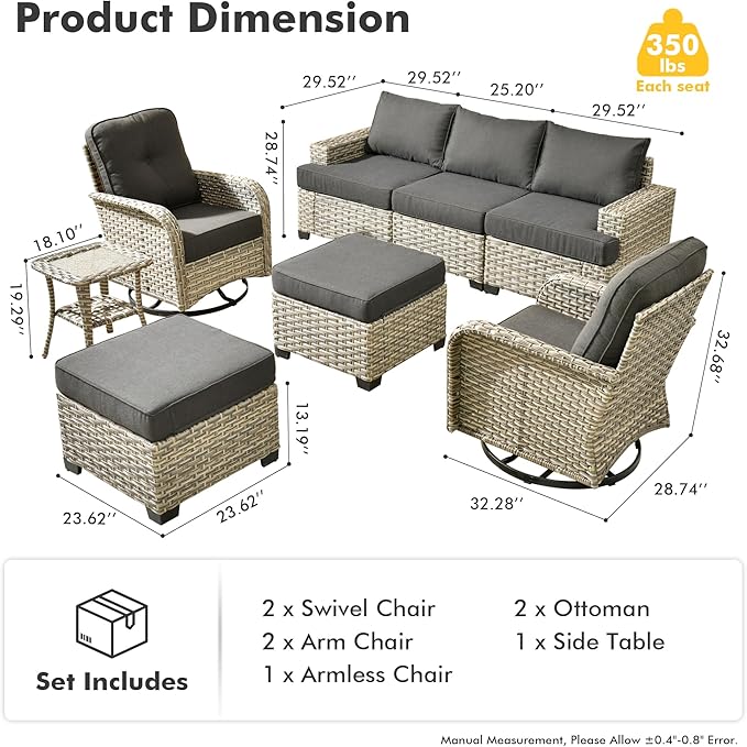 HOOOWOOO Outdoor Sectional Patio Furniture Set,8 Pieces Wicker Conversation Sets,Extra Deep Out Door Sofa Outside Furniture Couch with Swivel Chairs Ottoman,Black