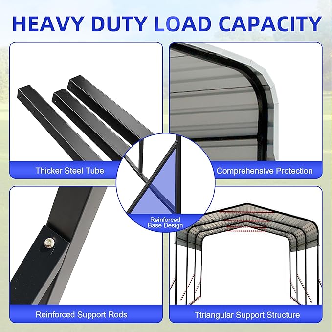 10x15 Metal Carport with Base Fixings Heavy Duty Garage Outdoor Chrome Plated Frame and Sheet Metal Construction Suitable for Boats, Cars, Tractors and Agricultural Equipment, White