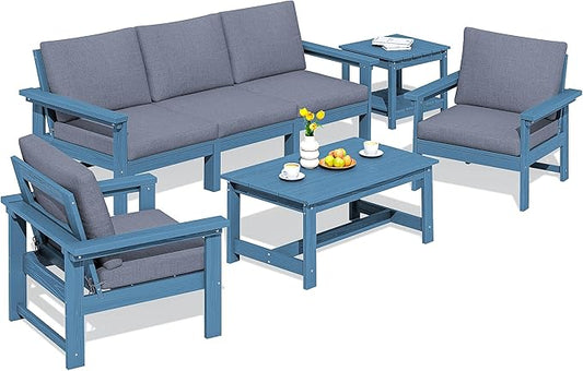 SERWALL HDPE Patio Furniture Set, 7-Piece Outdoor Sectional Sofa Set, All Weather Outdoor Couch Set for Deck, Lawn, Blue Frame with Grey Cushion