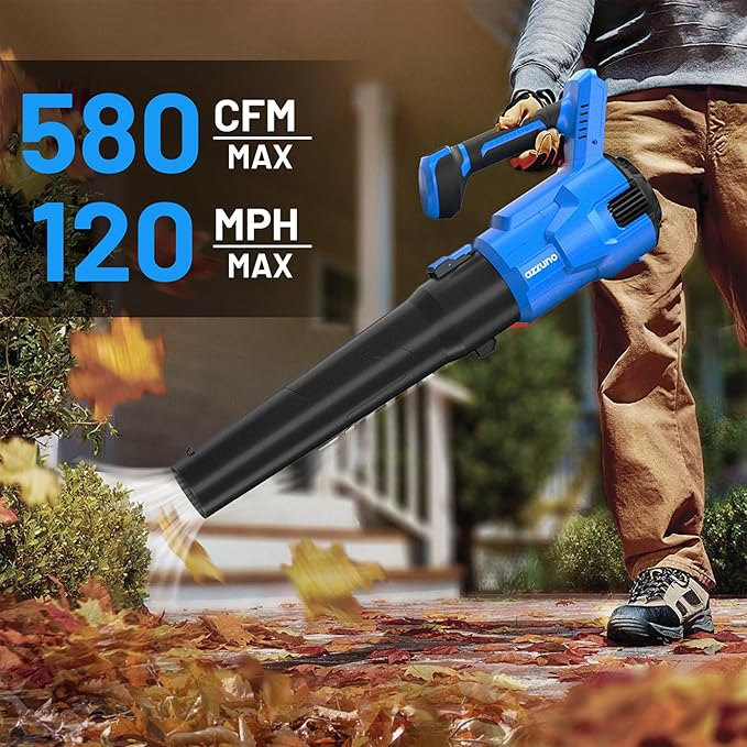 AZZUNO Cordless Brushless Leaf Blower with 2 x 4.0Ah Battery and Charger,3 Speed Mode MAX 580CFM Brushless Motor, Electric Blower for Lawn Care,Patio,Leaves,Dust,and Snow Removal