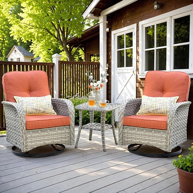 HOOOWOOO Outdoor Patio Bistro Set,3 Pieces Wicker Out Door Swivel Rocking Chair with Matching Side Table,Patio Furniture Sets,Orange Red