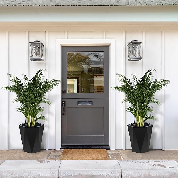 16 Inch Tall Outdoor Planters Set of 2, Self Watering Pots for Indoor Plants with Water Level Monitor & Drainage Hole & Wheels, Large Planter Pots for Garden, Patio, Balcony, Black