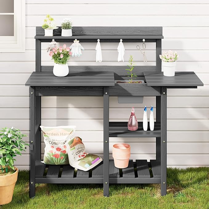 SERWALL Potting Bench Outdoor Potting Table with Sink, HDPE Potting Benches for Outside Gardening Table All Weather Use- Gray