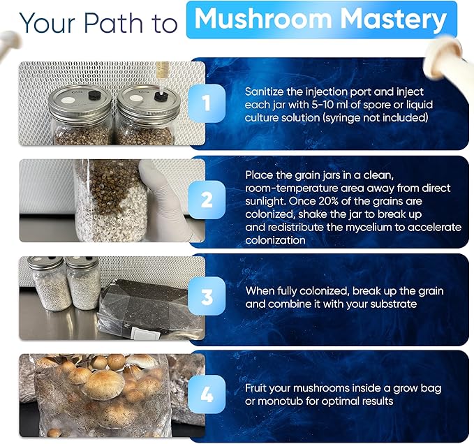 Surfin' Spores Mushroom Growing Grain Jars, Sterilized Hydrated Grain Spawn | 32 oz Glass Jars w/Self-Healing Injection Ports & Filter | Milo, Oyster Shell, & Gypsum Blend | 1 lb Per Jar (Two Pack)