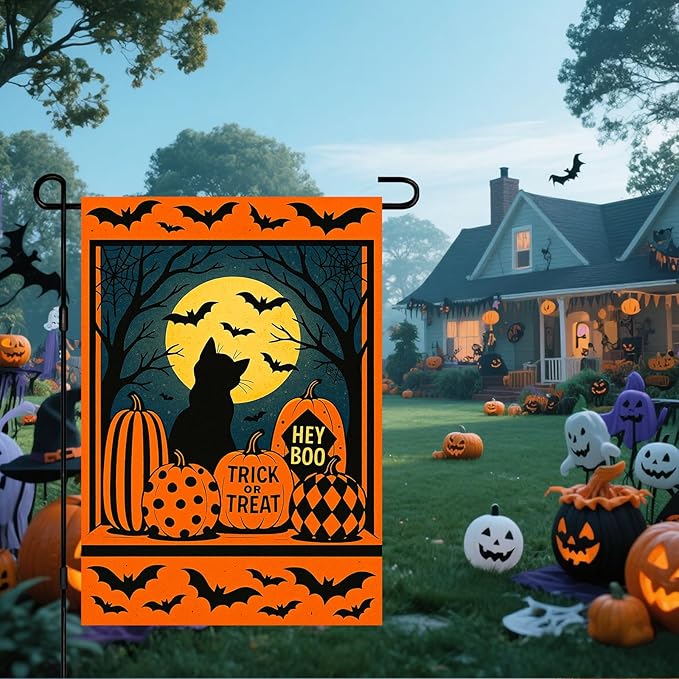 IVN Spooky Halloween Garden Flag 12x18 Inch Double Sided Black Cat Witch Pumpkin Jack O’ Lantern Trick or Treat Outdoor Fall Yard Flag for Outside Home Front Door Lawn Porch Patio Welcome Decor