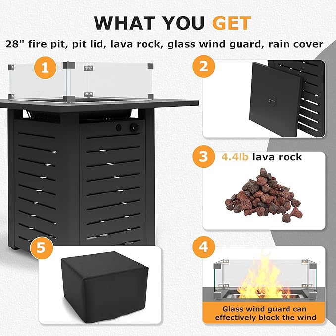 MBY 28'' Propane Fire Pit Table, 50,000 BTU Steel Gas Firepit for Outdoor Patio Deck and Garden, CSA Certified Fire Pit with Lid, Waterproof Cover, Glass Wind Guard and Lava Rock, Black