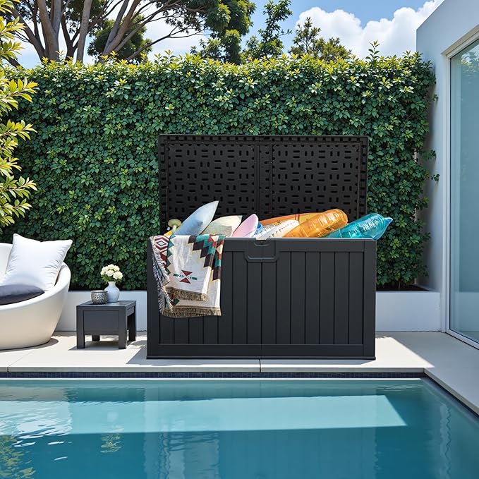 Greesum 230 Gallon HDPE Outdoor Storage Box with Removable Dividers, Weatherproof Oversized Deck Box for Patio, Garage, Garden, Black