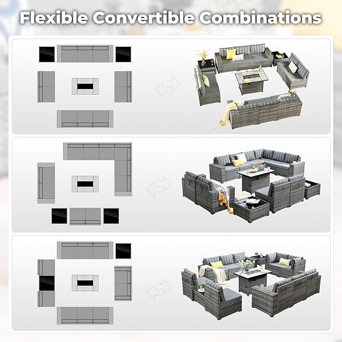 ovios 13 Pieces Patio Furniture Set, Outdoor Wicker Sectional Sofa with 42 Inch Fire Pit Table Comfy Cushions, Modern Modular Deep Seat Rattan Couch Conversation Set, Dark Gray Stripe