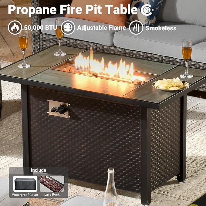 ovios Patio Furniture Set, 6 Pieces Outdoor Wicker Sofa Couch with Fire Pit Table, Ottomans and Comfy Cushions, All Weather High Back Rattan Conversation Set, Grey