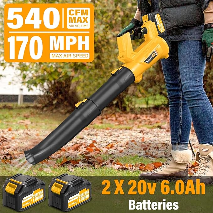 Cordless Leaf Blower with Battery and Charger，540 CFM/170 MPH,Battery Powered with 2 x 6.0Ah Batteries,6-Speed & Turbo Mode,Lightweight for Lawn Care,Patio,Leaves,Dust,and Snow Removal,Yellow