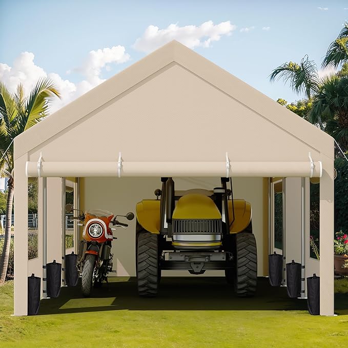 JY QAQA Carport, 10x20 FT Heavy Duty Carport with Removable Side Walls and Doors, Portable Garage with Roll-Up Window and Sandbags, Car Canopy with All-Season Tarp for Cars, Trucks, Boats, Khaki