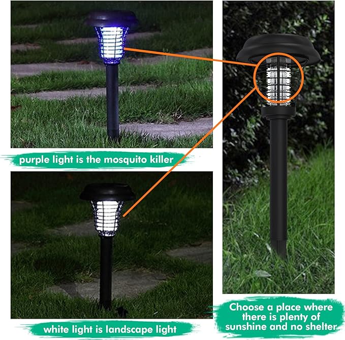 2 Pcs Solar Bug Zappers Outdoor Waterproof LED Solar Mosquito Zappers Solar Powered Mosquito Killer Light Lamp for Indoor and Outdoor Use