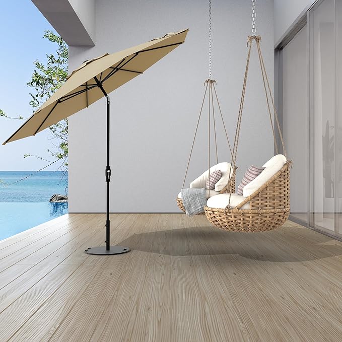 Midtown Umbrellas The Swilt 9 Feet Patio Umbrella in Terylast Chestnut (Beige) Polyester Fabric - Fiberglass Ribs, Auto-Tilt Aluminum Frame For Backyard, Deck, Garden, Pool - White Pole