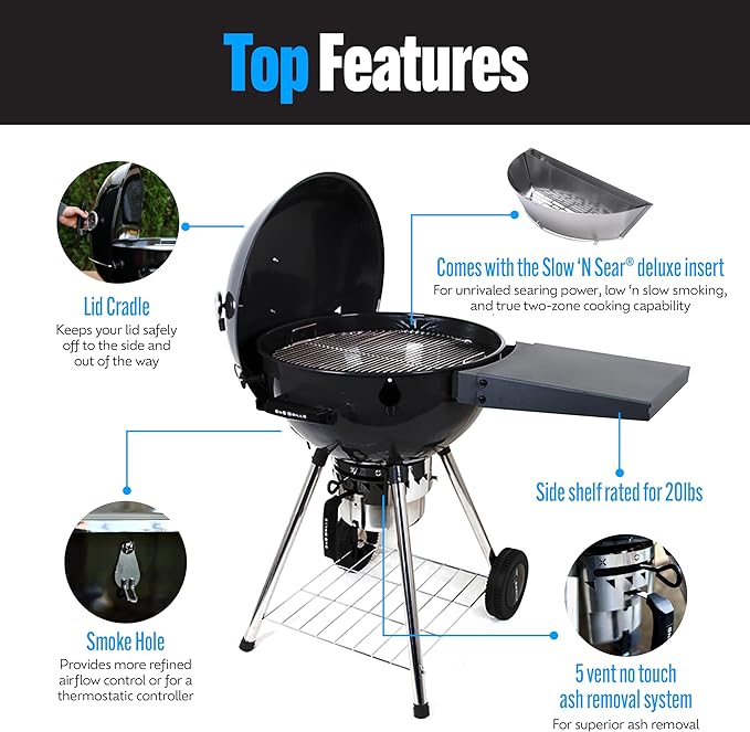 SnS Grills Original Kettle Charcoal Grill with Patented Slow 'N Sear Deluxe Insert and EasySpin Grate for Two-Zone Cooking, Low ‘N Slow Smoking and BBQing - Black 22-Inch