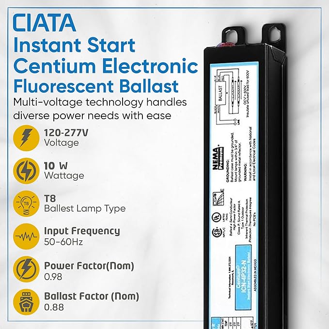 ICN4P32N, 120-277V, 50-60Hz Input Frequency, Solid Wire Type, Instant Start Centium Electronic Fluorescent Ballast for 4 F32T8 Lamp Type, Indoor/Outdoor Use with Automatic Restart Ballast Box, 10 Pack